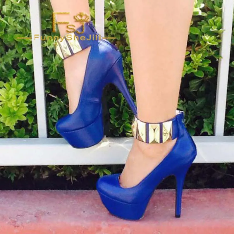 Women's Royal Blue Metal Ankle Strap Heels Platform Pumps Autumn