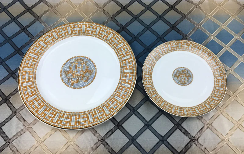 Напечатанная посуда Роскошные блюда для бифштекса тарелка Золотая и алмазная серия мозаика костяной фарфор поднос Европейская посуда для напитков посуда для торта столовая посуда