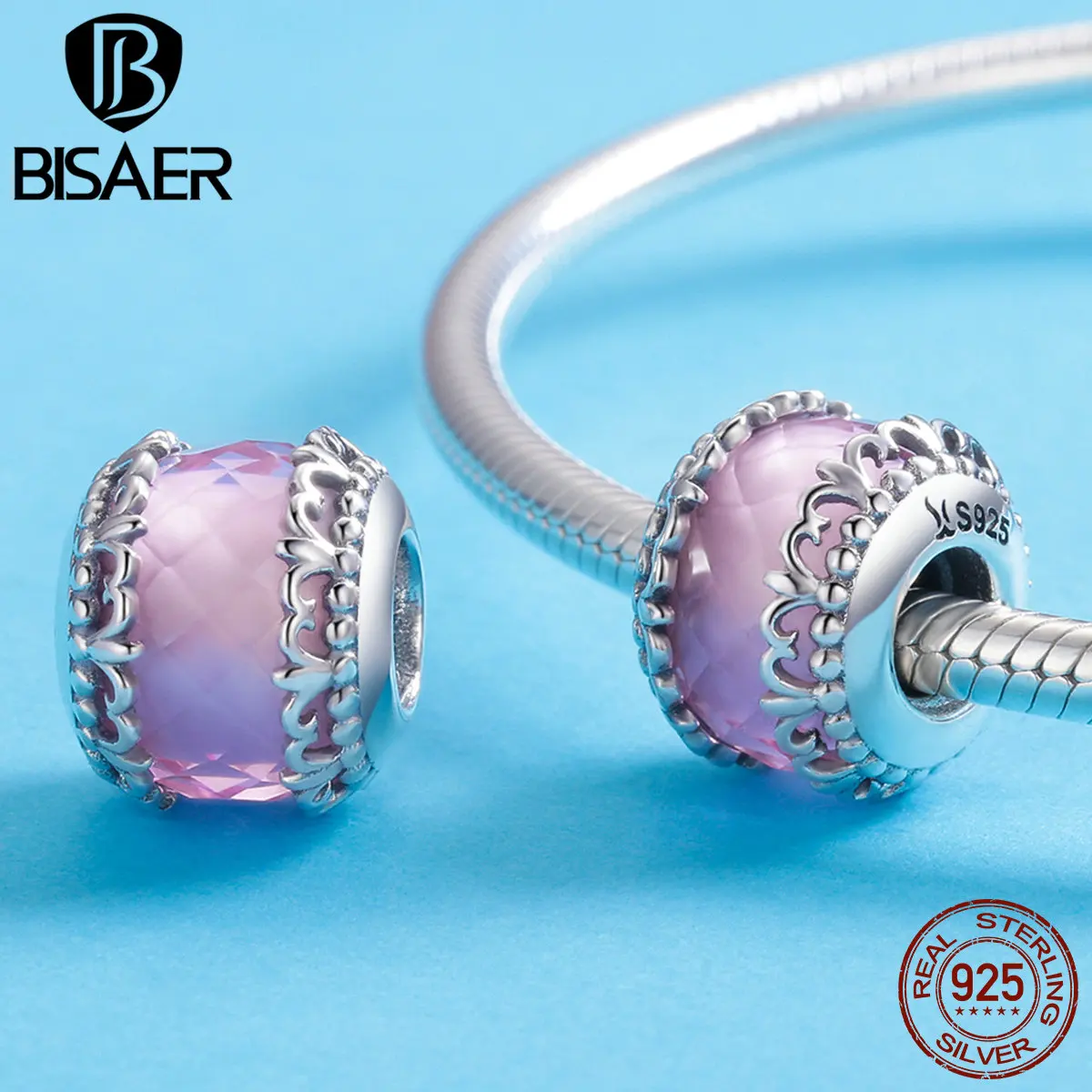 

BISAER Genuine 925 Sterling Silver Pink Crystal Lily Flower Iris Brand Beads Charm Women Silver Charm Bracelet Jewelry HSC711