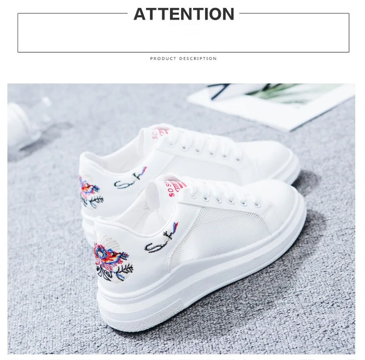 Embroidery Increase Women's Walking Shoes Mesh Breathable White Solid Color Lace Up Platform Flats Shoes Sport Sneaker Famale (12)