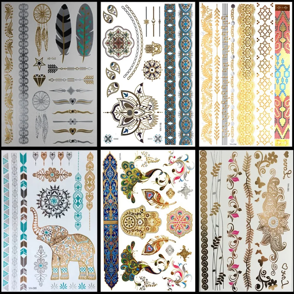 

6 PCS/ lot Dropshipping body paint protection gold body tattoo art painting flash tattoos jewelry large temporary tattoos