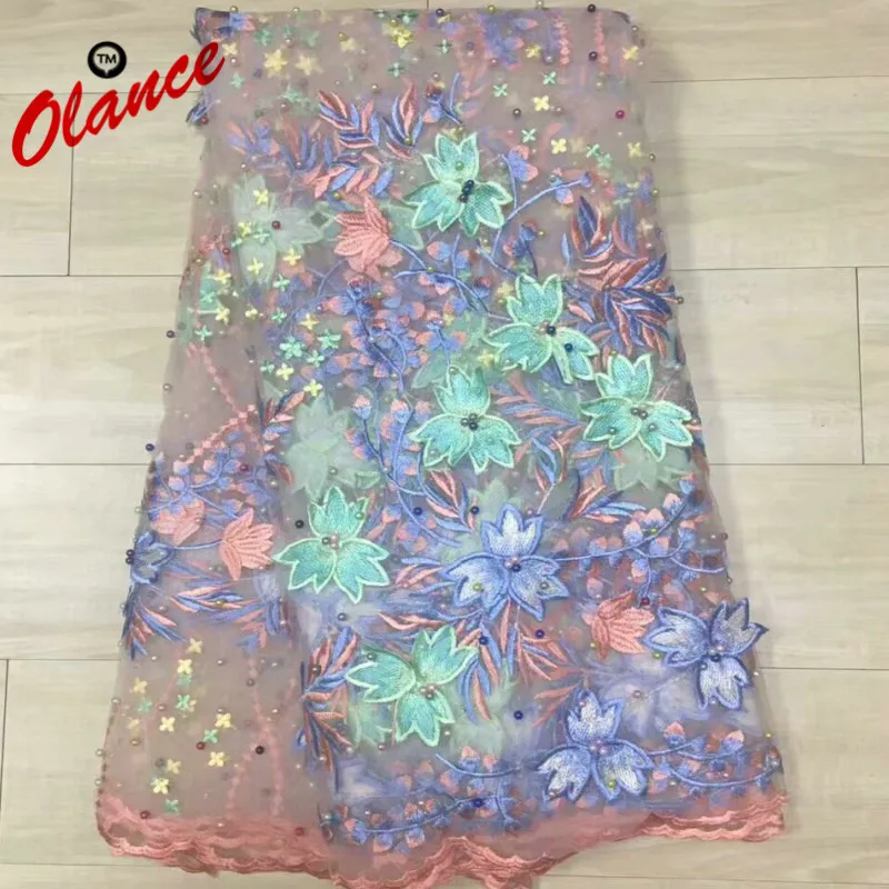 

Colourful Appliqued Big Beautiful Leaves Design with So Nice Beads 2W30 Free Shipping Party Dress Cheap Price Tulle Lace Fabric