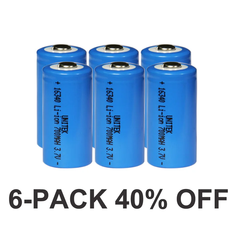 40% OFF 6pcs UNITEK 3.7v 16340 li-ion battery 700mah CR123A CR 123A rechargeable lithium ion cell for laser flashlight torch | Электроника
