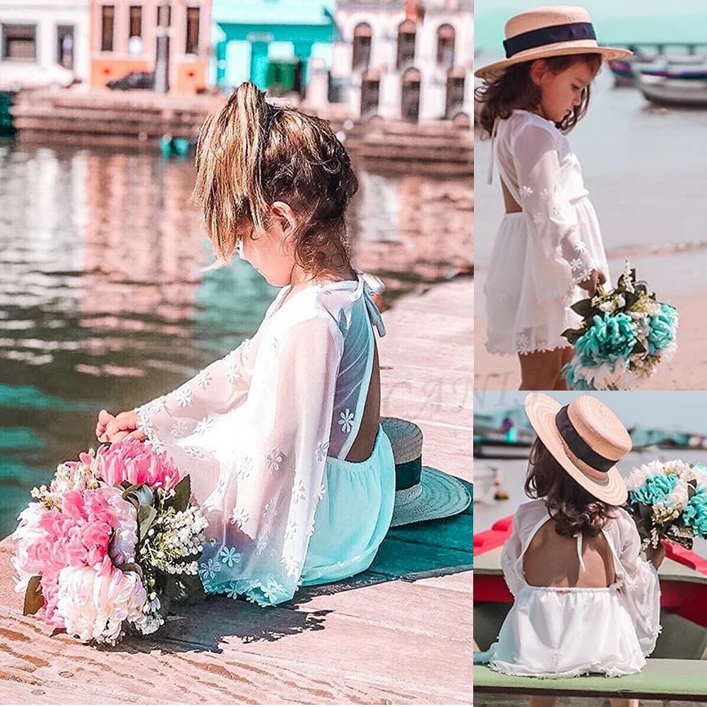 

2019 Summer Toddler Girl Dresses Kid Baby Girl White Lace Flower Backless Beach Wedding Princess Dress Children Girl Clothing