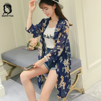 

Summer New Women Chiffon Long Blouses Womens Thin Blouse Korean Style Females Casual Loose Printing Female Clothing Breathable