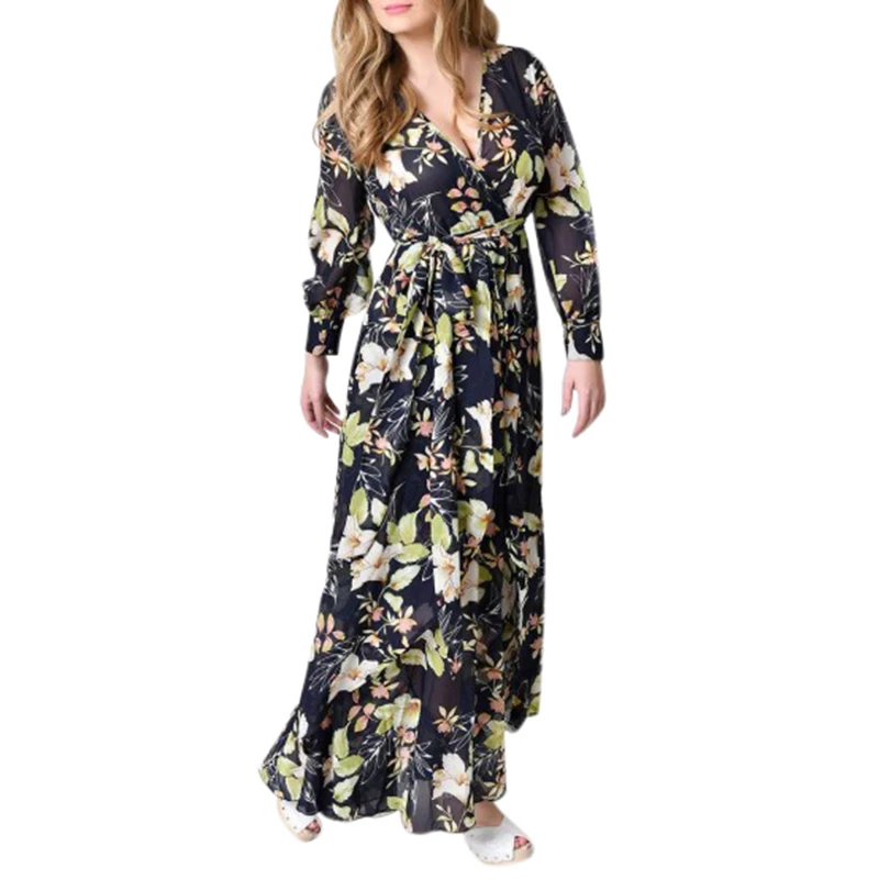 Plus Size Maxi Long Women Spring Summer Boho Beach Dress Loose Female Floral Print Chiffon Long Sleeve Casual Party Vestidos