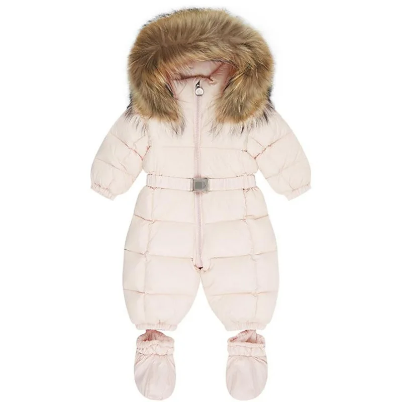 Зимний Детский комбинезон для новорожденных, теплый комбинезон с капюшоном из натурального меха енота, боди для маленьких девочек и мальчиков - Цвет: Розовый