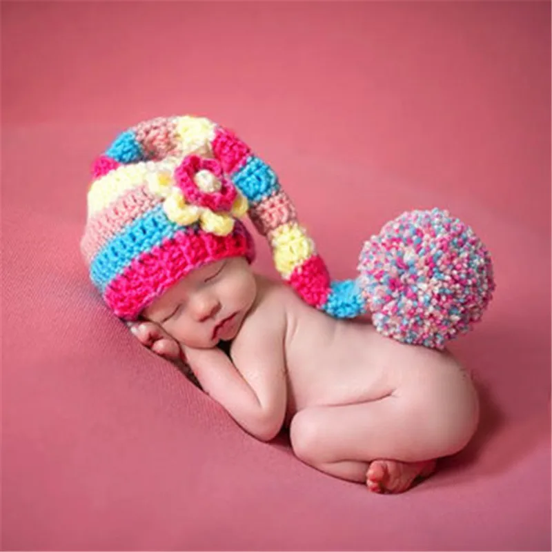 

Newborn Photography Props Hats Autumn Winter Long Tail Hat Baby Photography Clothing Manual Knitting Toddler Infant Hat Kids