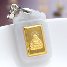Подлинная нефритовая подвеска Будды Maitreya Высококачественная золотая бижутерия инкрустированная натуральный нефрит Будда Кулон Специальный