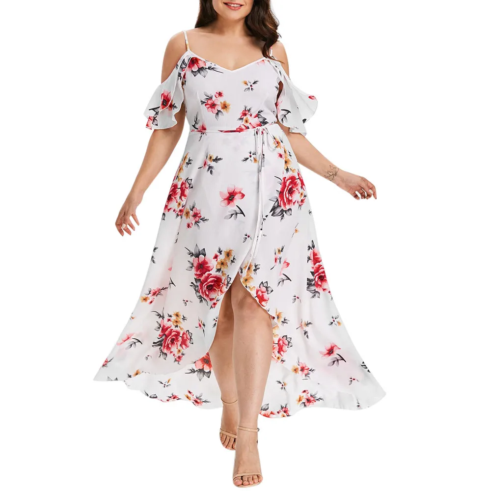Размера плюс, летнее платье, женское сексуальное платье, повседневное, короткий рукав, с открытыми плечами, бохо, цветочный принт, Бабочка, рукав, длинное платье - Цвет: White
