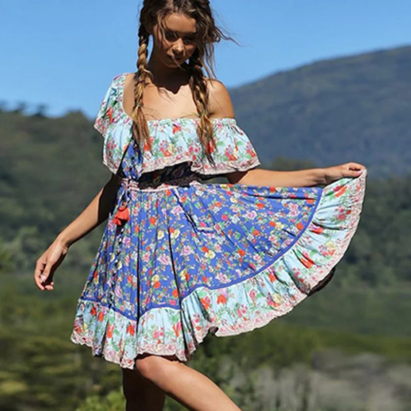 

Boho Vintage Floral Print Women Dress Sexy Butterfly Neck Ruffles Casual Loose Beach Mini Sundresses Elegant Vestidos S-XXL