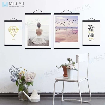 

Beautiful Girl Pink Feather Sea Landscape Wooden Framed Canvas Painting Nordic Living Room Decor Wall Art Picture Posters Scroll