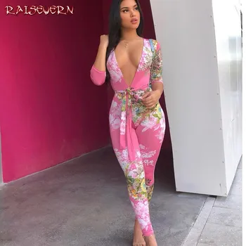 

RAISEVERN Women Sexy Deep V-Neck Floral Print Slim Rompers Lady Fashion Three Quarter Sleeve Lace-up Long Pants Skinny Jumpsuits