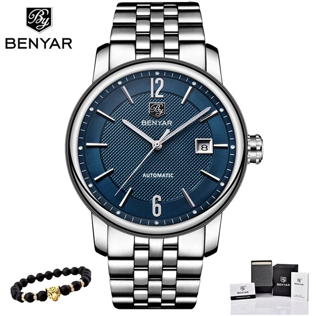 BENYAR, новинка, Топ бренд, деловые часы для мужчин, автоматические механические, водонепроницаемые, нержавеющая сталь, Роскошные мужские часы, мужские часы - Цвет: S-Silver blue