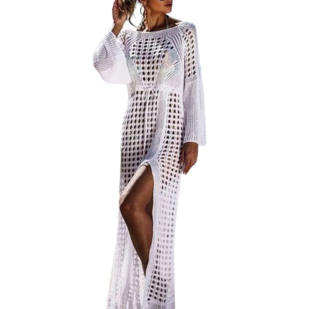 

FREE OSTRICH Beach Dress Women Sundress Boho Sexy Knitwear Long Sleeve Hollow Backless Split Temperament Beach Dress Summer