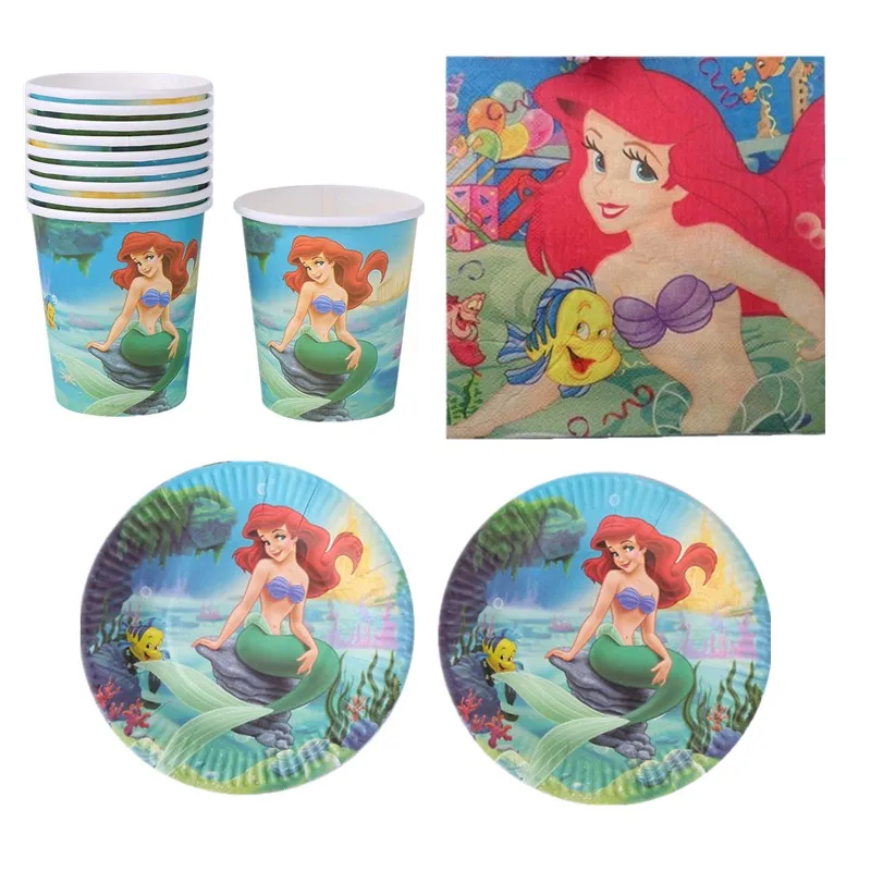 

60pcs/lot Happy Baby Shower Girls Favors Napkins Birthday Party Cups Plates Decoration Towels Little Mermaid Theme Tableware Set