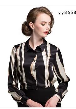 

Silk 2 Black stripes colour temperament long-sleeve women's large size shirt spring silk lapel shirt