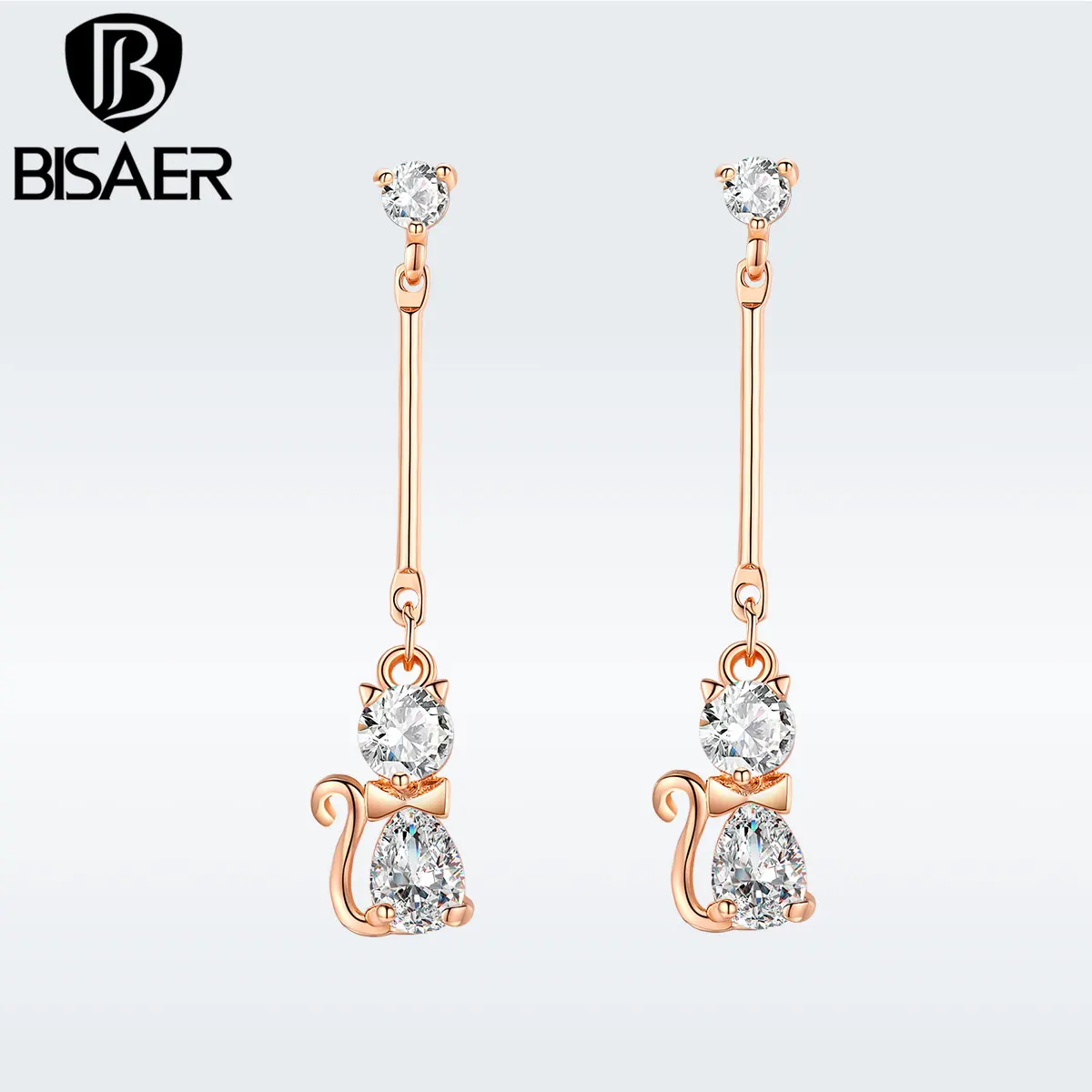 

BISAER Gold Color Clear CZ Rose Gold Color Cute Cat Long Drop Earrings for Women Brincos Fashion Jewelry Girls Gifts GSE160