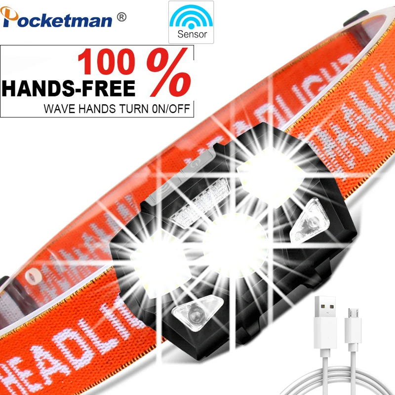 6000 люмен, светодиодный налобный фонарь супер яркий датчик движения Hands-free мощная фара USB перезаряжаемая головка лампа свет водостойкий