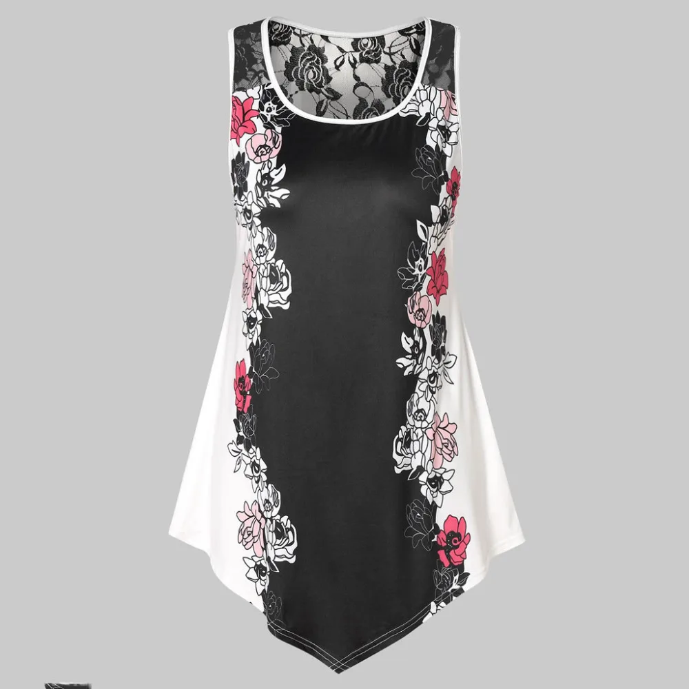 

Lace Panel Blouse Sexy Sleeveless Floral Printing O-Neck Casual Ladies Summer Fashion Vest Tops Shirts camiseta blanca mujer #15