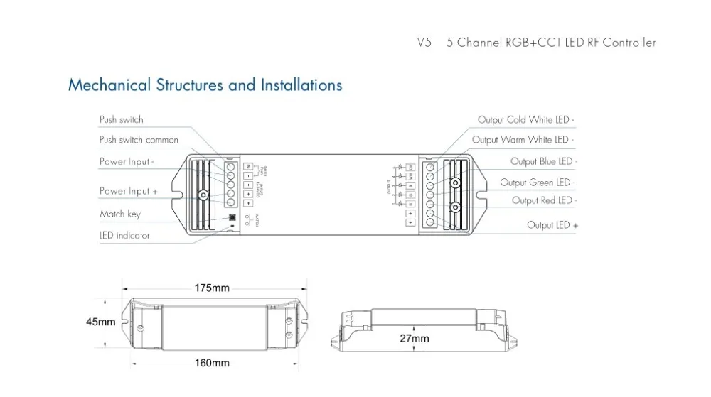 5 канальный 2,4G RGB+ CCT светодиодный RF контроллер DC5-24V с 4 зонами RF пульт дистанционного управления для RGB+ CCT светодиодный светильник V5 V5-M контроллер