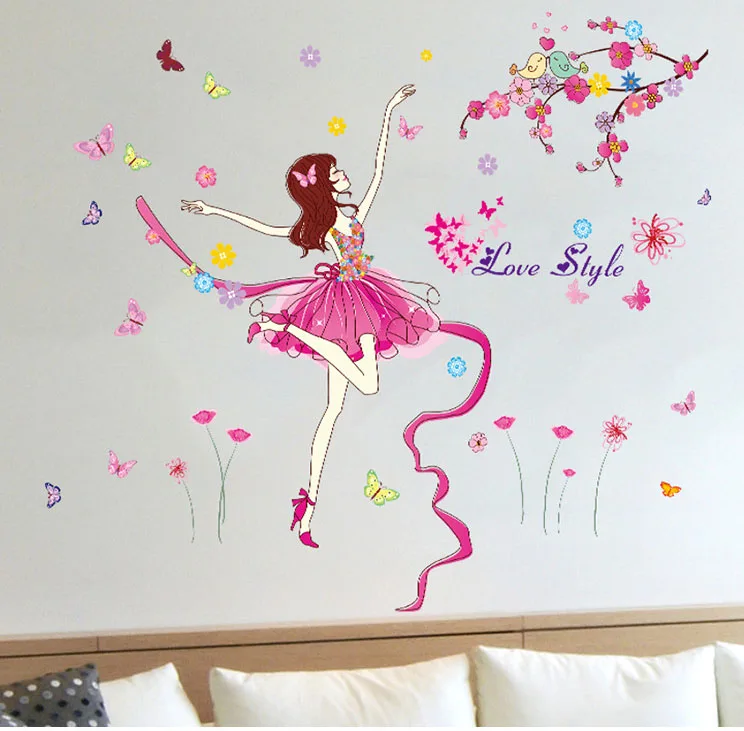 Dancing Girl Butterfly Birds on Flower Tree Branch Wall Decals Dancing