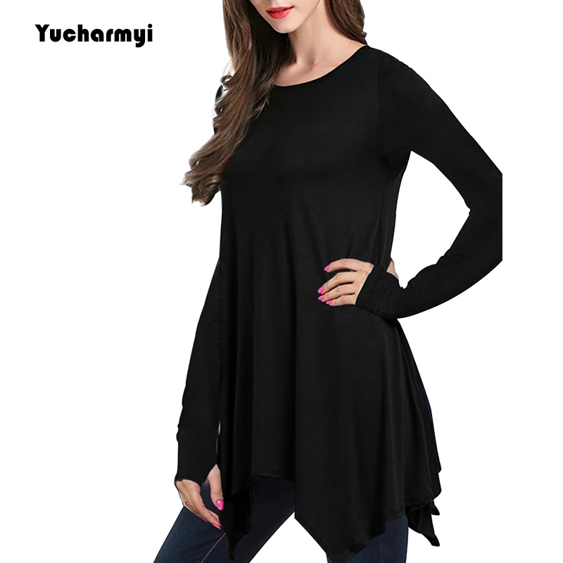 Women Loose Long Sleeve Shirts with Thumb Holes Asymmetrical Flowy ...