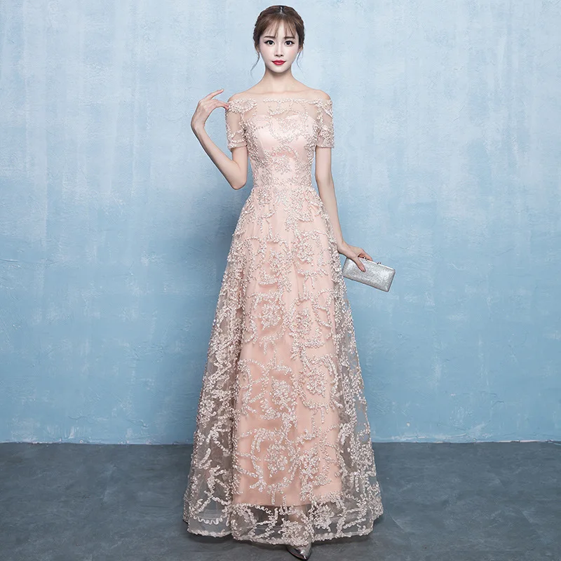

Wedding Party Women Dress Short Sleeve Slash Neck Long Qipao Female Slim Prom Cheongsam Gowns Vestido XS-3XL