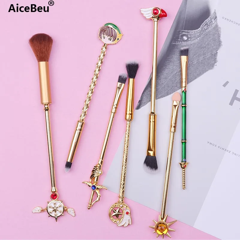 

AiceBeu 7Pcs Cardcaptor Sakura Magic Wand Sailor Moon Makeup Brush Metal Handle Cosplay Makeup Tools With Velvet Bag