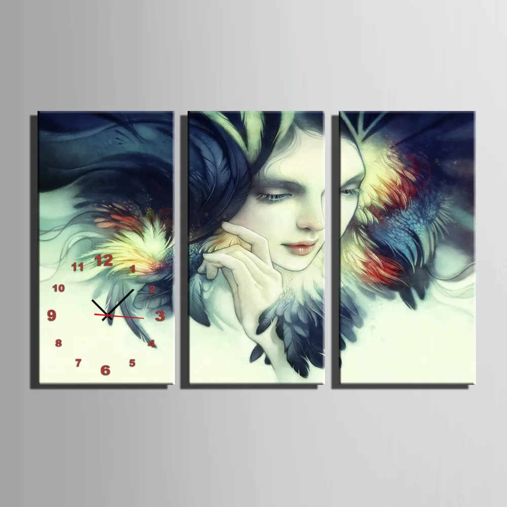 

Free Shipping E-HOME A Gorgeous Woman Clock in Canvas 3pcs wall clock