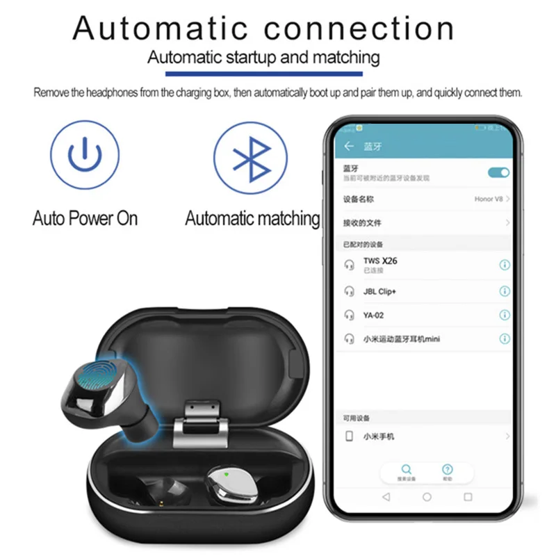 X26 Tws Bluetooth 5.0 True Wireless Earbuds Smart Waterproof Stereo Hifi Earphone With Charging Case For Iphone