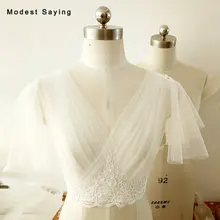 Настоящее Элегантный v-образный вырез цвета слоновой кости короткий рукав кружева свадебные болеро со шнуровкой сзади Свадебные накидки пиджаки Свадебная накидка B97