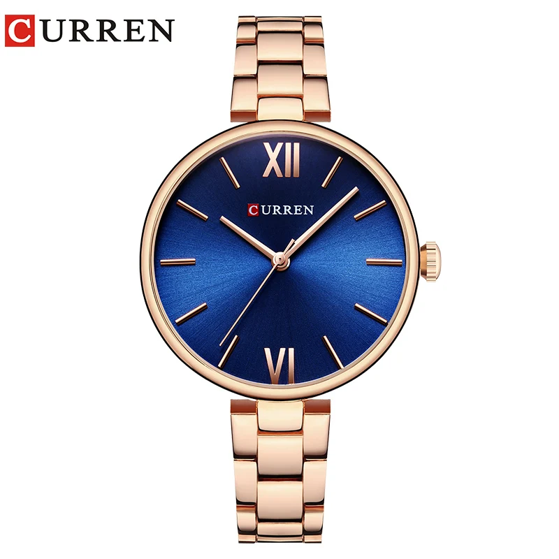 CURREN 9017 новые женские часы люксовый бренд часы розовое золото женские кварцевые часы Креативный деревянный узор циферблат модные наручные часы - Цвет: rose blue