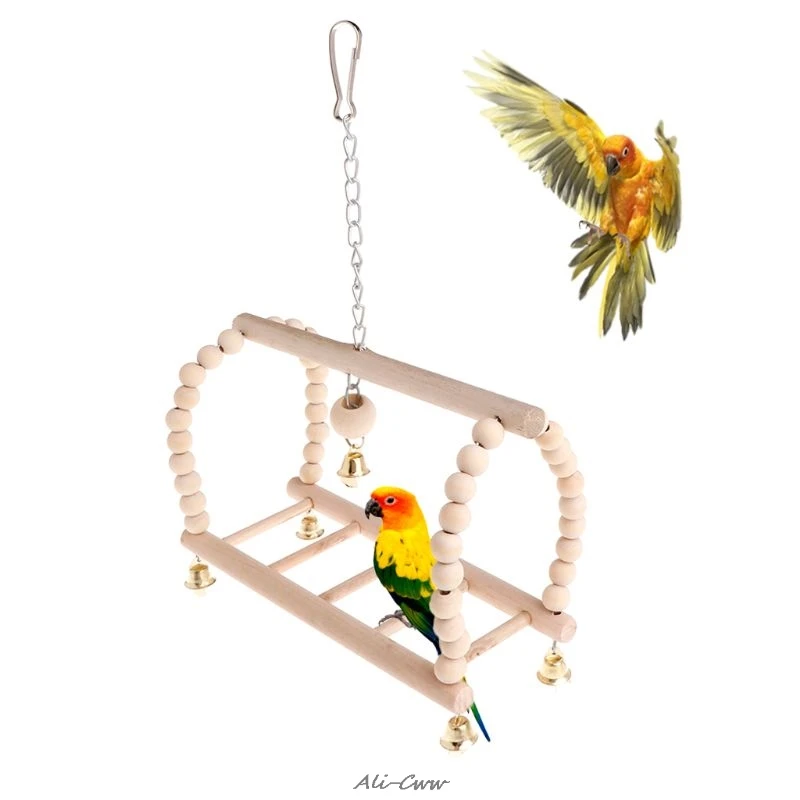 Pet Swing Bridge Natural Wood Parrot Bird Parakeet Hanging Cage Beads Bell Funny Climb Ladder Pendant Supplies Balance Training | Дом и сад