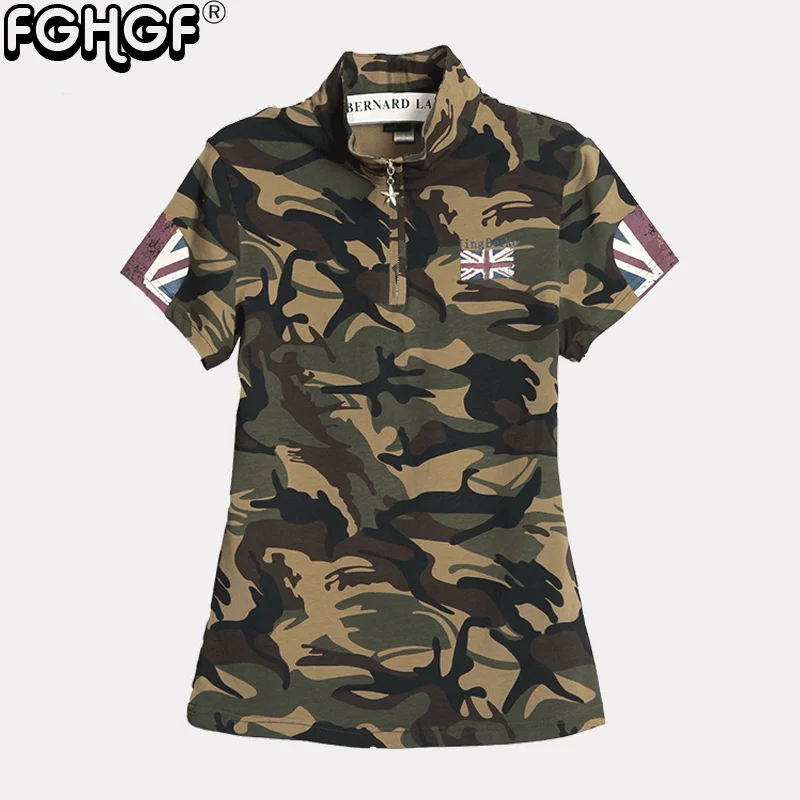 

FGHGF Brand Women's Short-Sleeve Top camouflage Cotton T-shirts Turn-down Collar zipper Military camo Tshirts for women L6020