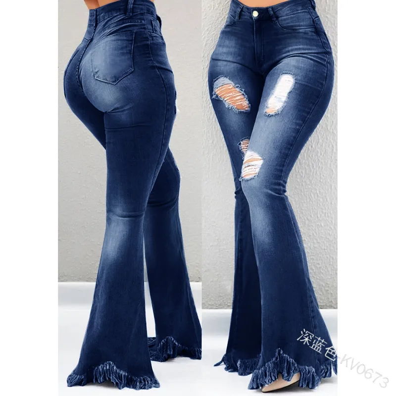 Fashion Loose High Waist Women Wide Leg Jeans Office Lady Solid Denim Jeans Bleached Ripped Pants