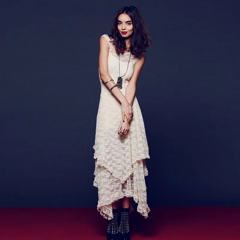 Ahmagen Sexy Irregular Lace Dress Women Hollow Out Elegant Party Dresses Backless Pleated Long Maxi Skater Dress Summer Beach Wear 201709