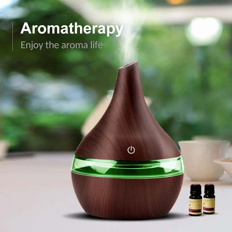 

USB Air Humidifier Ultrasonic Wood Grain 300ml Oil Diffuser Electric Aromatherapy With 7 Color LED Light For Home And Office