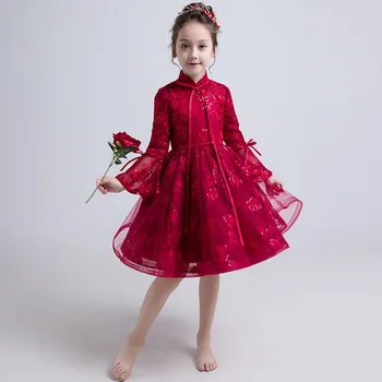 

Caustom made lace turtleneck flare sleeve ball gown children girls party dress
