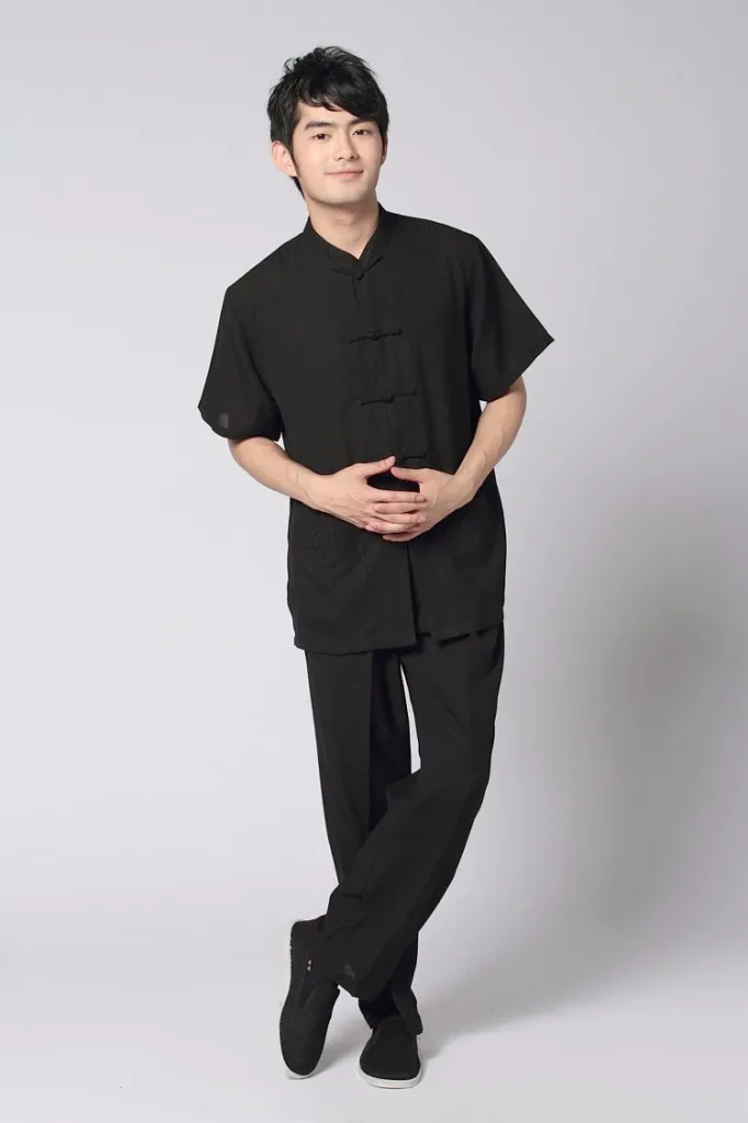 Винтаж черный китайский Для мужчин хлопок белье кунг-фу костюм короткий рукав ушу комплекты рубашка и брюки форма размеры s m l xl XXL XXXL MS003