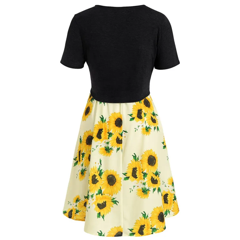 New Women Summer Sexy Short Sleeve Bow Knot Bandage Top Sunflower Print Mini Dress Suits Bohemian Casual Beach Dress #4A30 (15)