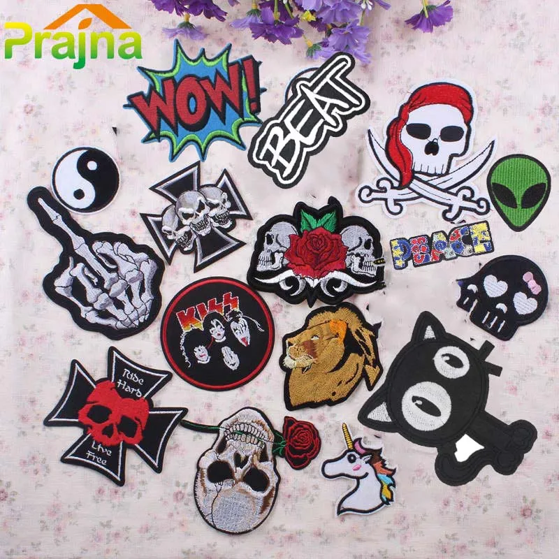 

Prajna Letter Skull Punk Skeleton Patch Biker Hand Iron On Cartoon Patches Embroidered Cute Band Patches For Clothing Jeans