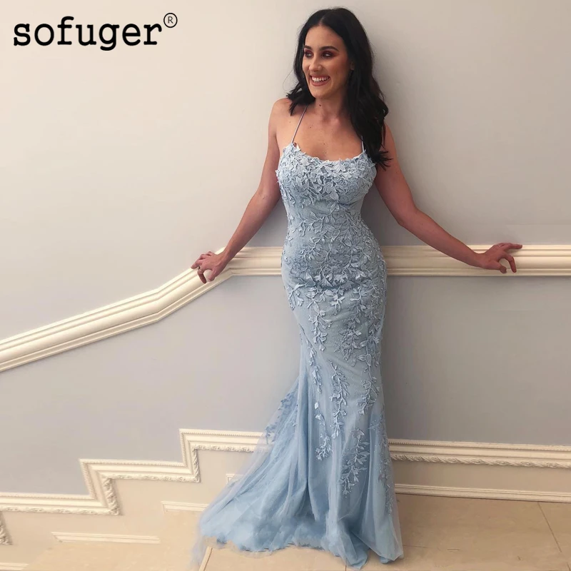 

Sofuge Sky Blue Lace Spaghetti Straps Backless Evening Dresses Appliques Prom Homecoming Tulle Arabic Muslim Special Occasion