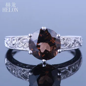 

HELON Round 8mm 2.12ct Smokey Quartz Engagement Ring Solid 10k White Gold Retro Antique Fine Diamonds Wedding Ring Jewelry Women