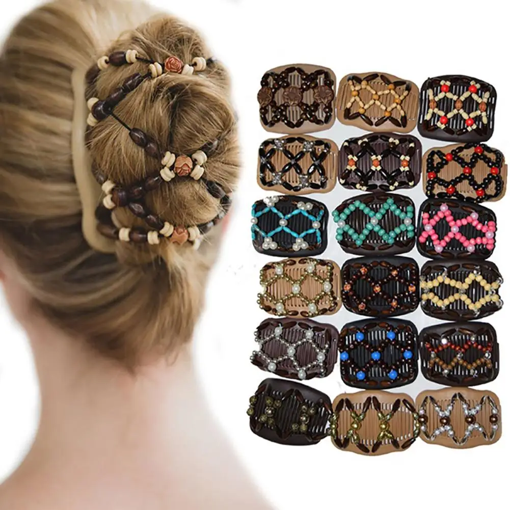 

New Vintage Beads Elastic Women Hair Styling Double Side Magic Comb Headwear Decor Hair Accessories