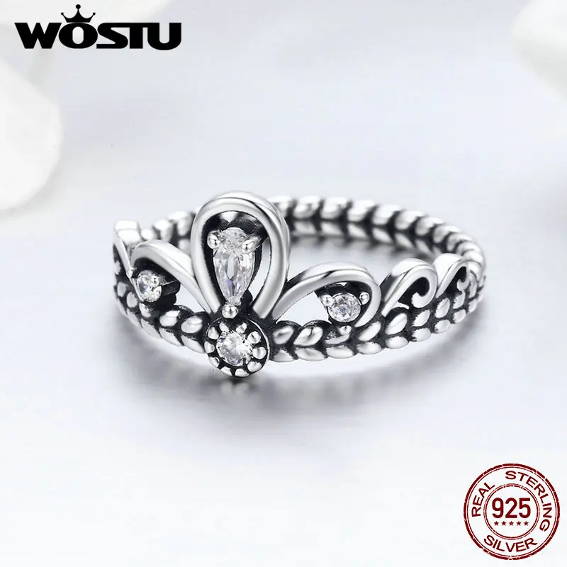 

WOSTU 100% 925 Sterling Silver Vintage Princess Crown Finger Ring for Women Fine Silver Rings Wedding Engagement Jewelry FIR337