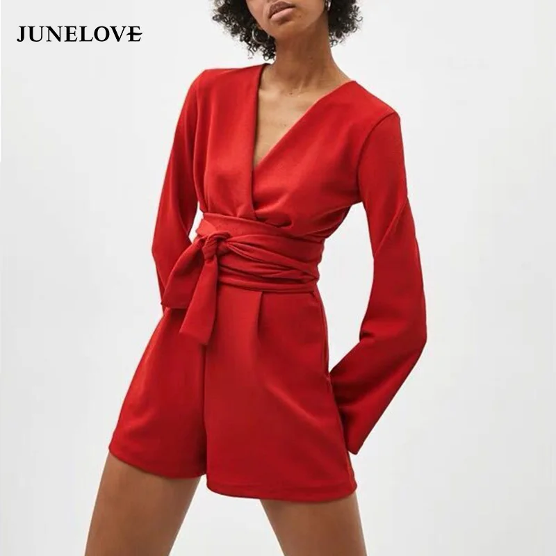 

JuneLove Women Long Flare Sleeve Playsuits Vintage Sexy V-Neck Female Solid Playsuits Casual Sashes Loose Lady Playsuits Romper