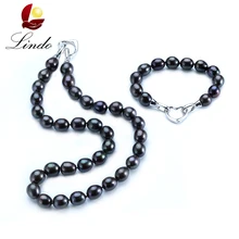 Новое поступление 3,28 черный натуральный пресноводный жемчуг ювелирные наборы для женщин ожерелье и браслет настоящий жемчуг 45 см/18 см