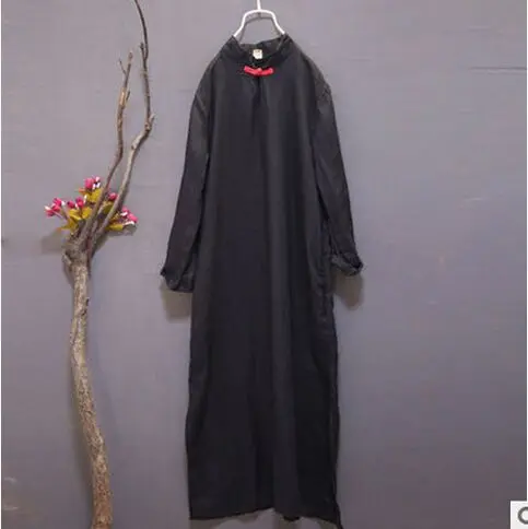 

Free shipping new style of retro Chinese ramie stand collar long sleeves loose dress S142