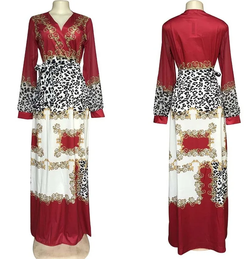 

fashion sexy deep V neck maxi casual dress chiffon long sleeve leopard empire long dress